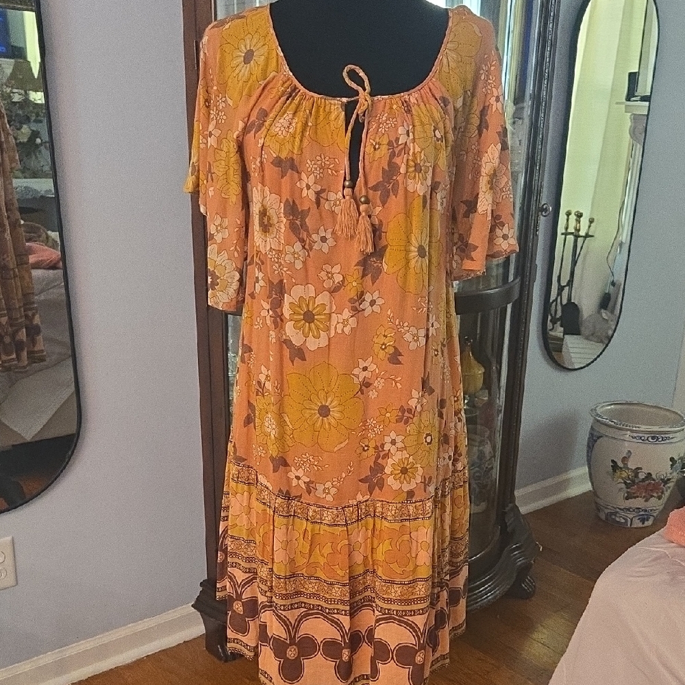 Spell Peach-Orange Floral Maxi Dress with Yellow Blooms